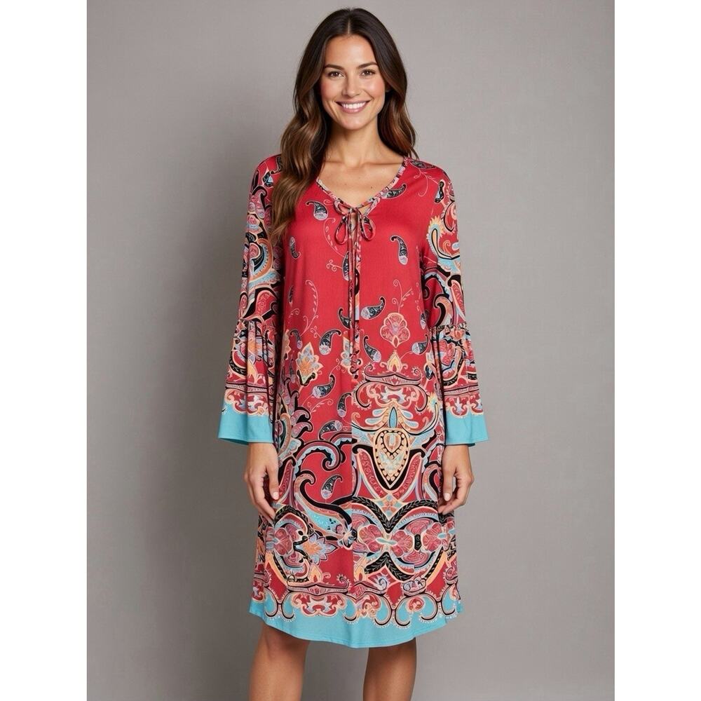 Pink Coconut Boutique Women's S Colorful Paisley Bell Sleeve Boho Shift Dress